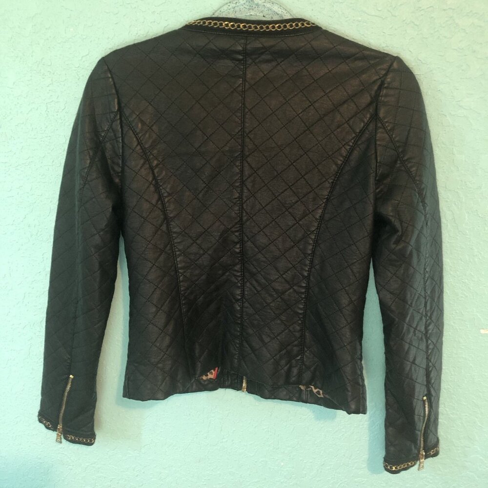 Members Only Womens Zip Front Moto Jacket Small Black Gold Tone Chain Link FLAWS - Picture 6 of 13